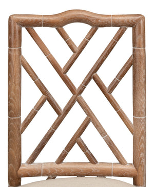 Sarreid Brighton Bamboo Side Chair Set Of 2 - Elegant White Wash Oak With Luxurious Linen Fabric Finish Beige  26433