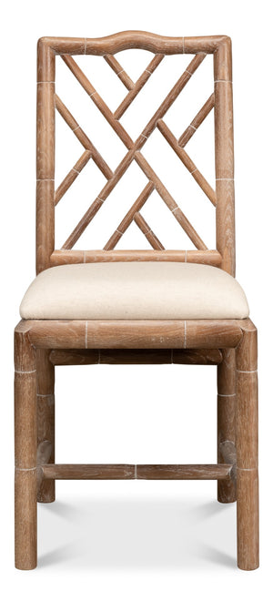 Sarreid Brighton Bamboo Side Chair Set Of 2 - Elegant White Wash Oak With Luxurious Linen Fabric Finish Beige  26433