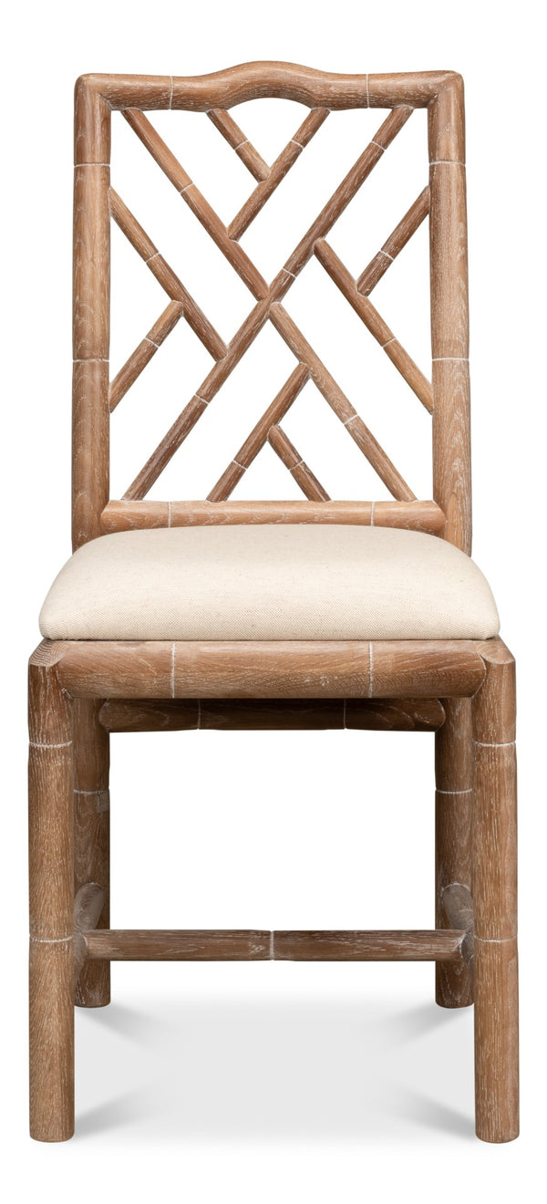 Sarreid Brighton Bamboo Side Chair Set Of 2 - Elegant White Wash Oak With Luxurious Linen Fabric Finish Beige  26433