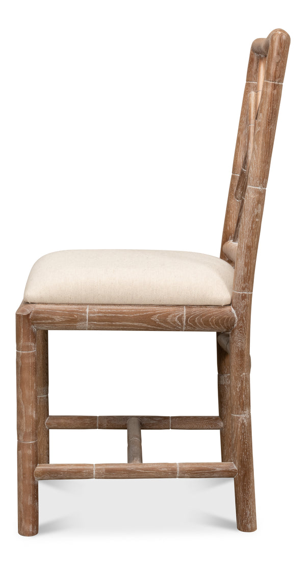 Sarreid Brighton Bamboo Side Chair Set Of 2 - Elegant White Wash Oak With Luxurious Linen Fabric Finish Beige  26433