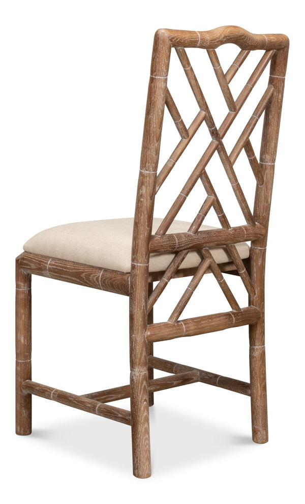 Sarreid Brighton Bamboo Side Chair Set Of 2 - Elegant White Wash Oak With Luxurious Linen Fabric Finish Beige  26433