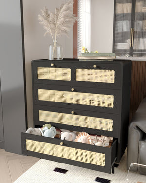 English Elm 4 Drawer Dresser Black - Modern Rattan-Front Chest with Wide Metal-Handle Drawers, Durable MDF Storage W2227P144261