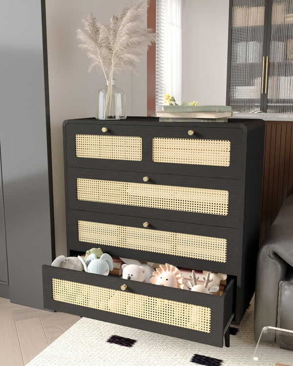 English Elm 4 Drawer Dresser Black - Modern Rattan-Front Chest with Wide Metal-Handle Drawers, Durable MDF Storage W2227P144261