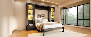 English Elm Queen Murphy Bed with Led Lighting Side Cabinets Shelving and Fold Down Desk Panel Gray N7090002226E-1