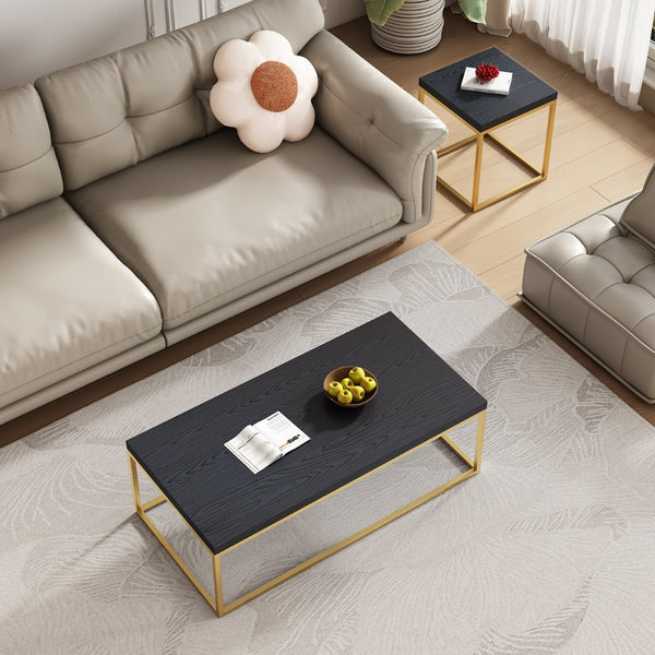 English Elm 47" Faux Stone Slab Coffee Table with Powder-coated Steel Frame for Modern Loft Living Gold+Black W3151P400580