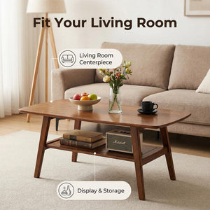 English Elm Mid Century Modern Solid Oak Two Tier Coffee Table with Open Shelf for Living Room Walnut W3204P469105