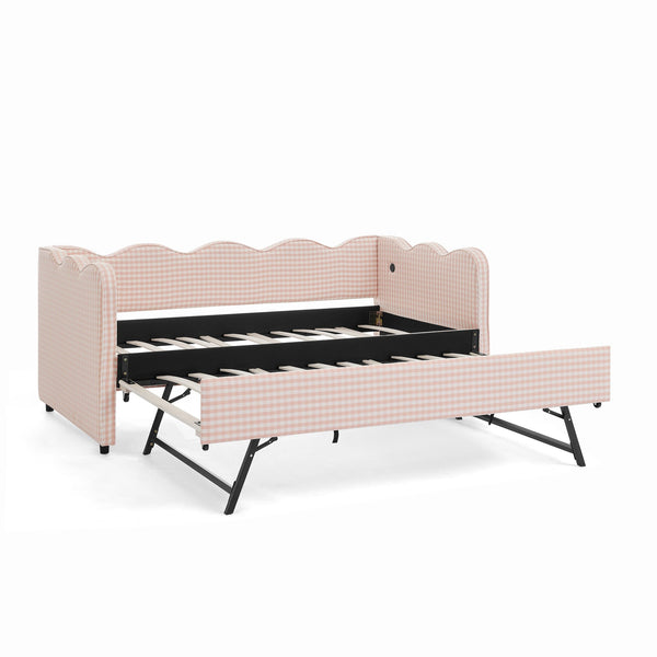 English Elm Cozy Twin Gingham Daybed with Trundle Sofa Bed, Linen Upholstery, USB Port, Wave Frame Design Pink W1413S00099