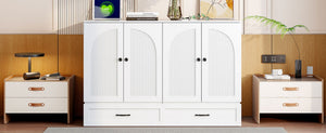 English Elm Full Size Murphy Bed Rattan Cabinet with Storage Drawers and Gold Hardware White N708S00009K