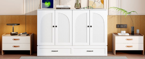 English Elm Full Size Murphy Bed Rattan Cabinet with Storage Drawers and Gold Hardware White N708S00009K