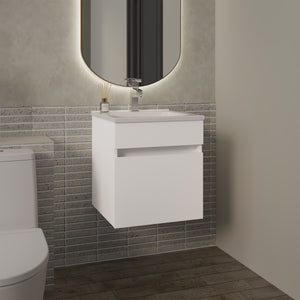 English Elm Primavera 18" Floating Bathroom Vanity with Dual-Door Cabinet & Two Shelves, Sleek White Space-Saver B200P335302