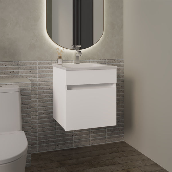 English Elm Primavera 18" Floating Bathroom Vanity with Dual-Door Cabinet & Two Shelves, Sleek White Space-Saver B200P335302