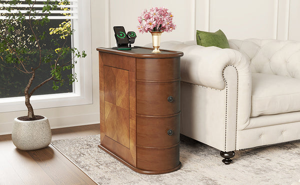 English Elm End Table With Built-In Charging Station & Storage Drawers - Fully Assembled, No Assembly Needed! W2593P289124