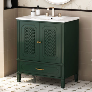 English Elm Christopher Knight Home® - 30" Bathroom Vanity with Sink Vintage Acacia Frame Ceramic Basin Soft-Close Doors & Storage Green N759P313313F
