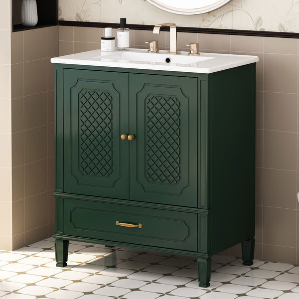 English Elm Christopher Knight Home® - 30" Bathroom Vanity with Sink Vintage Acacia Frame Ceramic Basin Soft-Close Doors & Storage Green N759P313313F