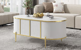 English Elm Modern Luxury Oval Shaped Fluted Coffee Table, Marble-Patterned Top Coffee Table With 2 Cabinets, Metal Legs and Handles For Living Room, White (Date Of Expected Arrival: 11.20)