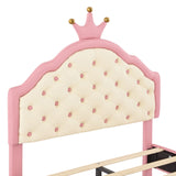 English Elm Twin Size Lovely Crown Fantasy Pu Leather Princess Bed With Tufted Headboard, Pink+Cream