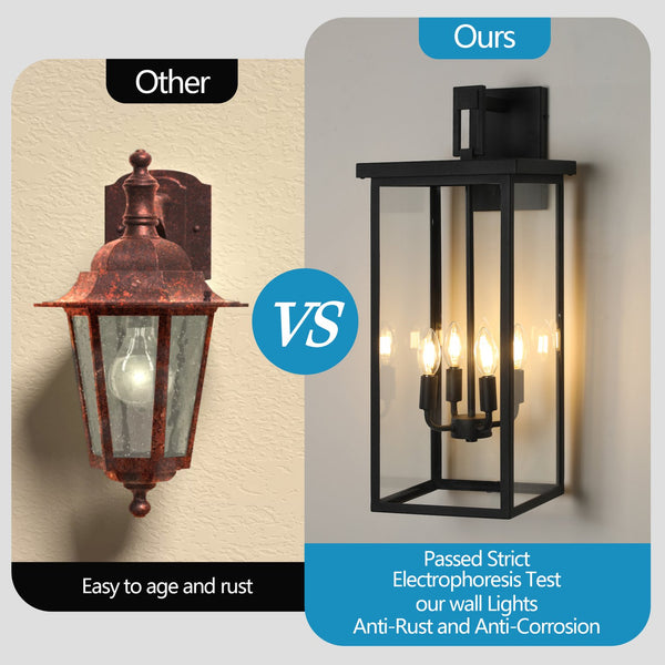 English Elm (Same 26"(H) Modern Outdoor Wall Lantern - Black Metal Frame, Clear Glass, 4 E12 Sockets, Weatherproof Elegance W1340P206651