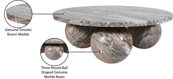 Meridian Furniture Spherical Genuine Marble Round Coffee Table Art Deco Sculptural Ball Base Living Room Accent Brown 264Brown-CT