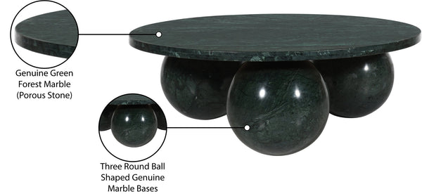 Meridian Furniture Spherical Genuine Marble Round Coffee Table Art Deco Sculptural Ball Base Living Room Accent Green Forest 264Green-CT
