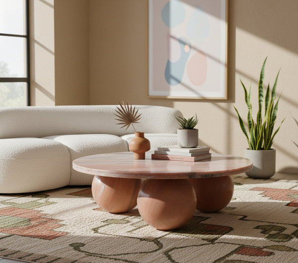 Meridian Furniture Spherical Genuine Marble Round Coffee Table Art Deco Sculptural Ball Base Living Room Accent Pink 264Pink-CT