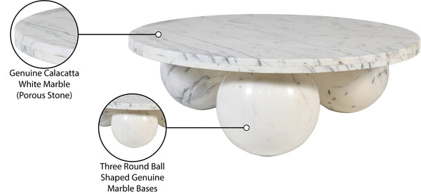 Meridian Furniture Spherical Genuine Marble Round Coffee Table Art Deco Sculptural Ball Base Living Room Accent White 264White-CT