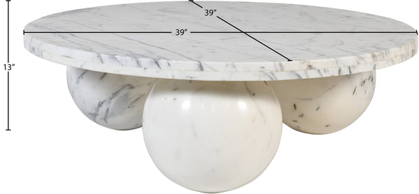 Meridian Furniture Spherical Genuine Marble Round Coffee Table Art Deco Sculptural Ball Base Living Room Accent White 264White-CT