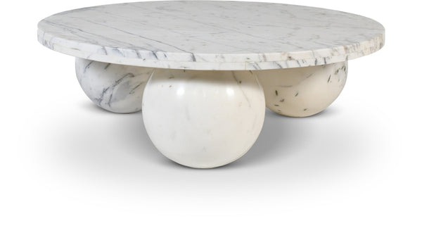 Meridian Furniture Spherical Genuine Marble Round Coffee Table Art Deco Sculptural Ball Base Living Room Accent White 264White-CT