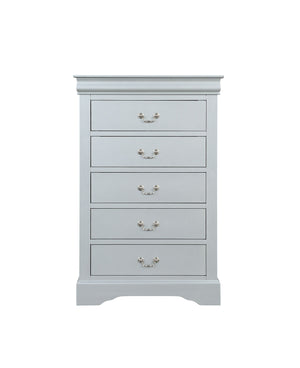 English Elm Platinum Five-Drawer Chest with Sleek Metal Handles, Spacious Storage, Modern Luxury Finish B062P209039