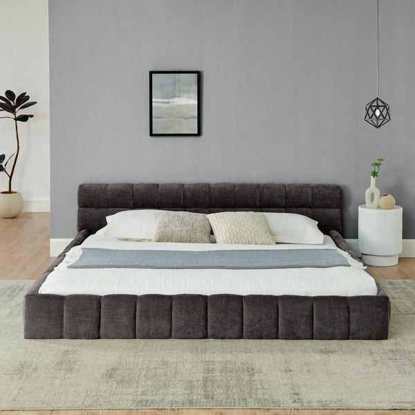 English Elm King Platform Bed Fully Upholstered in Plush Chenille with Low Profile Modern Frame Dark Gray W487S00467
