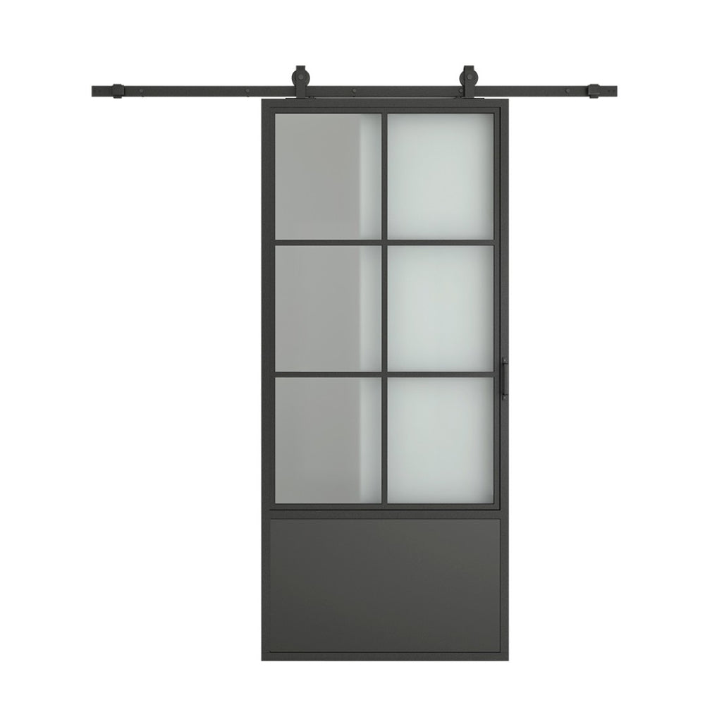 English Elm 30 in Matte Black Steel Sliding Barn Door Frosted Glass Privacy Panel with Hardware B2763P483215