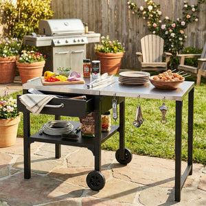 English Elm Outdoor Bbq Prep Cart Rolling Stainless Steel Grill Station with Foldable Work Surface Black N719P407403B