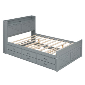 English Elm Full Full Size Wooden Bed with Storage Headboard, Built-In Outlets, Trundle & 3 Drawers for Space-Saving Bedrooms Gray 80.51 L x 17.12 W x 4.57 H N733S172712E