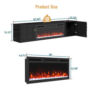 English Elm 67 in. Black Media TV Stand with High Gloss Honeycomb Doors, Gold Handles, Modern Storage Elegance T3609P347458