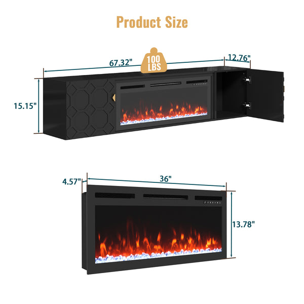 English Elm 67 in. Black Media TV Stand with High Gloss Honeycomb Doors, Gold Handles, Modern Storage Elegance T3609P347458