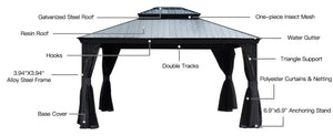 English Elm 10x12ft Lean to Hardtop Gazebo Wall Mounted Steel Roof Shelter for Deck Patio W1859S00182