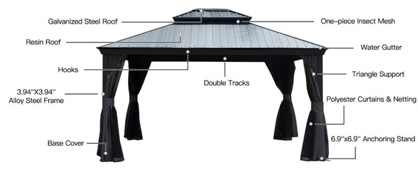 English Elm 10x12ft Lean to Hardtop Gazebo Wall Mounted Steel Roof Shelter for Deck Patio W1859S00182