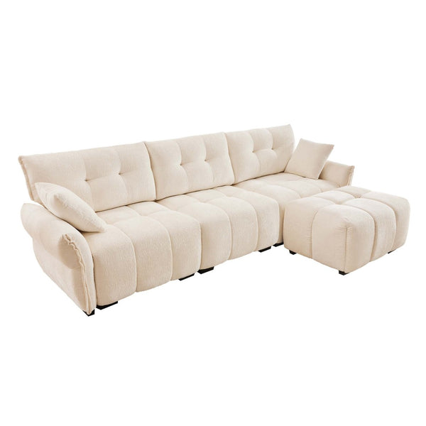 English Elm Three Seater Chenille Sofa with Ottoman Solid Wood Base Tufted Arms Living Room White W714S01653