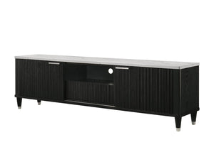 English Elm 1pc Mid-century Media Console Faux Marble Surface Ribbed Cabinet Tapered Legs 79in Black,White B2741P483126