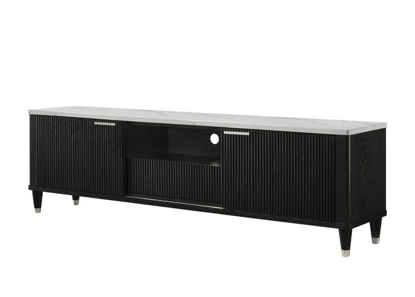 English Elm 1pc Mid-century Media Console Faux Marble Surface Ribbed Cabinet Tapered Legs 79in Black,White B2741P483126