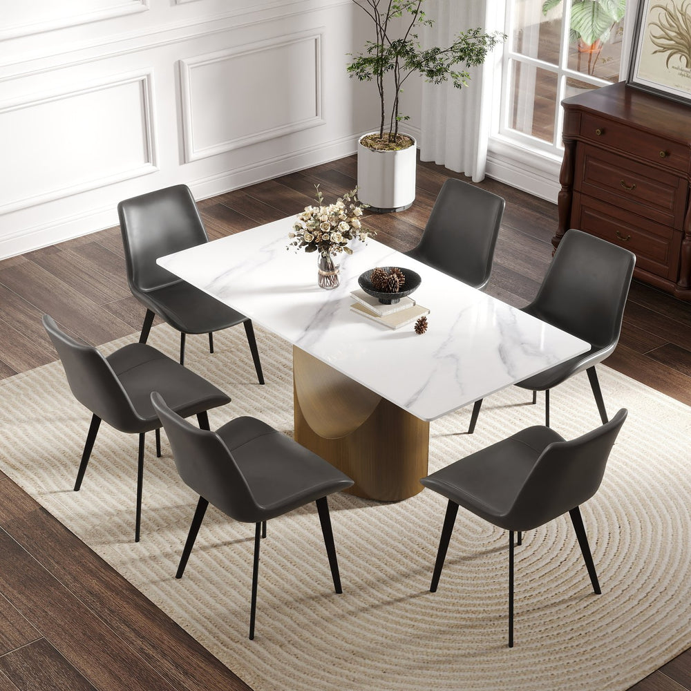 English Elm 63" Modern Dining Table With Durable Sintered Stone Top & Sturdy Bronze Iron Legs For 6-8 People W1535S00548