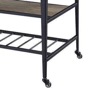 English Elm Macaria Rustic Oak Kitchen Island with Black Metal Base, 3 Drawers, 2-Tier Shelves & Wheels B2726P292333