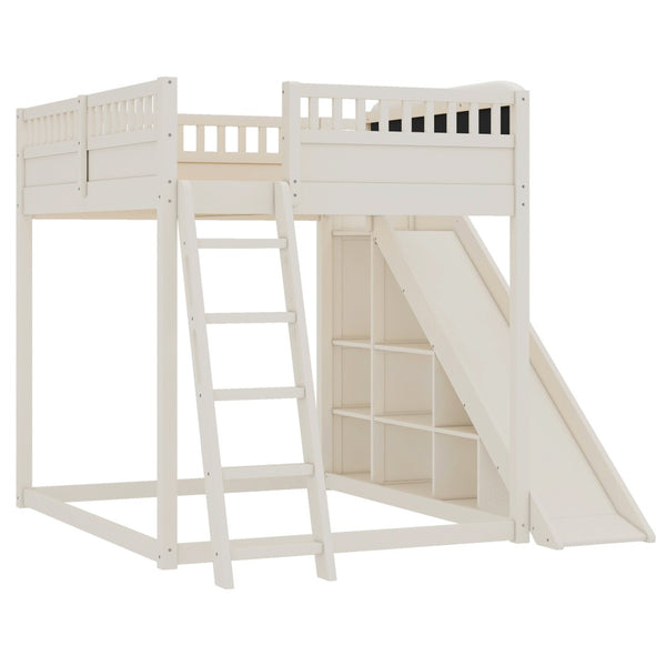 English Elm Full Size Kids Loft Bed Pine Frame Upholstered Headboard Built in Slide and Storage Shelves Beige W1580S00305