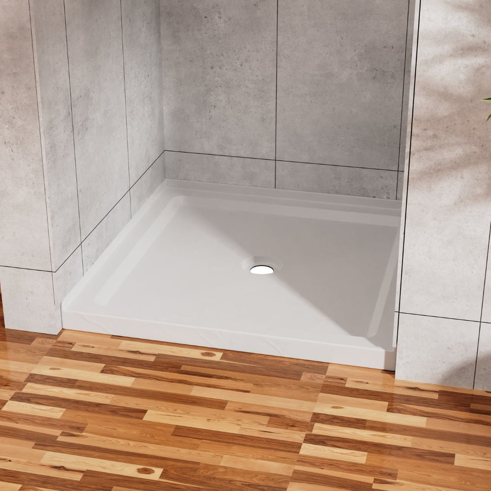 English Elm Goodyo Corner Shower Pan Acrylic Slate Textured Anti-slip Base with Center Drain D163121898