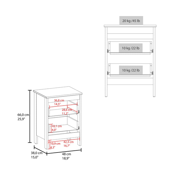 English Elm FM Nogales NightStand with 2 Drawers — Compact Scratch-Resistant Melamine Bedside Table for Small Rooms White 29.92 L x 24.41 W x 4.72 H B128P301379