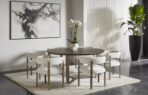 Sunpan Mae Dining Armchair - Elegant Barrelback Design with Gold Powder Coated Steel Base for Modern Homes Ernst Silverstone