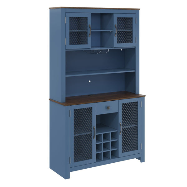 English Elm 70.9" Farmhouse Hutch Pantry with Led Lighting Wine Rack Mesh Doors and Built-in Power Navy Blue CH361426AAL