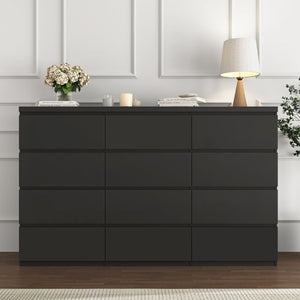 English Elm 12 Drawer Wide Double Dresser Modern Symmetrical Wood Storage Chest for Bedroom Black W409S00016
