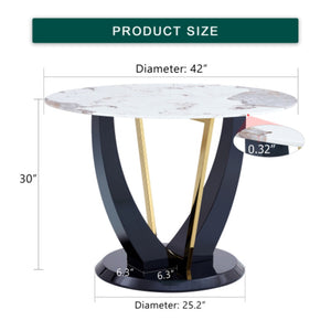 English Elm 42 Inch Round Tempered Glass Dining Table Marble Look Top with Gloss Black V Legs W2827P341695