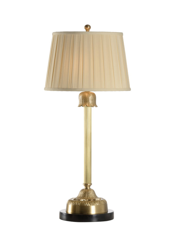 Wildwood The Breakers Brass Column Lamp — Gilded Fluted Pilaster, Marble Base, Pleated Silk Shade, Double Pull Chains 26506