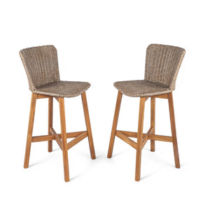 English Elm Christopher Knight Home® - Lymington Outdoor Bar Stool Set of 2 — Durable Acacia & Wicker Craft, Ergonomic 105° Backrest Comfort Light Brown,Teak N775P278094B